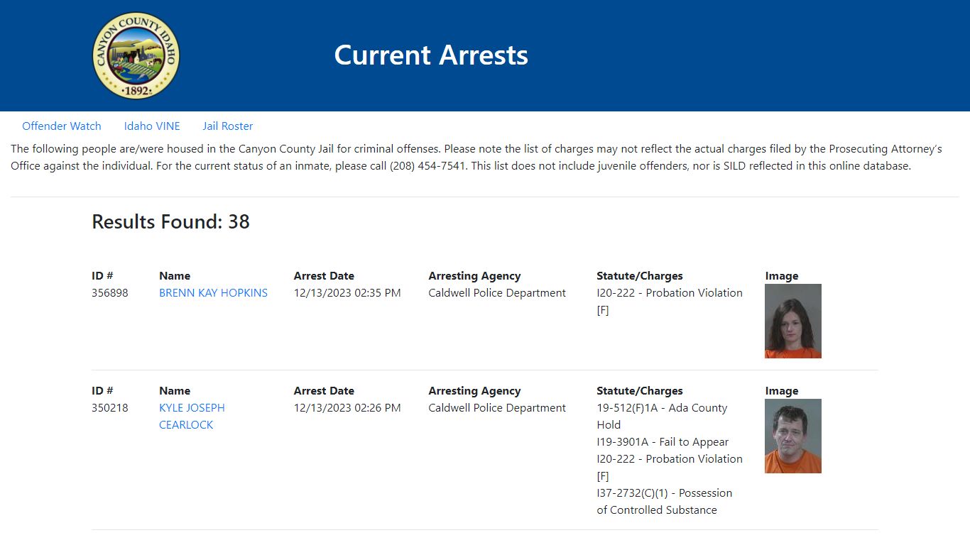 Current Arrests - Id
